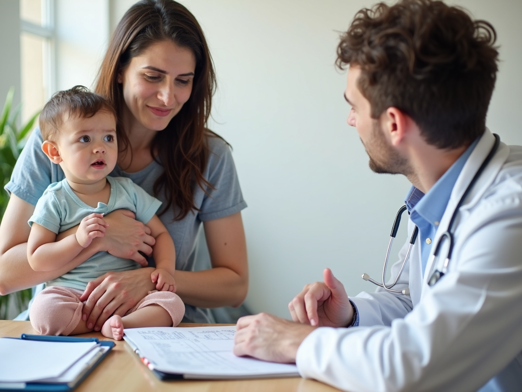 Parent consulting a pediatrician about infant’s symptoms, highlighting the need for expert guidance in diagnosing FPIES.