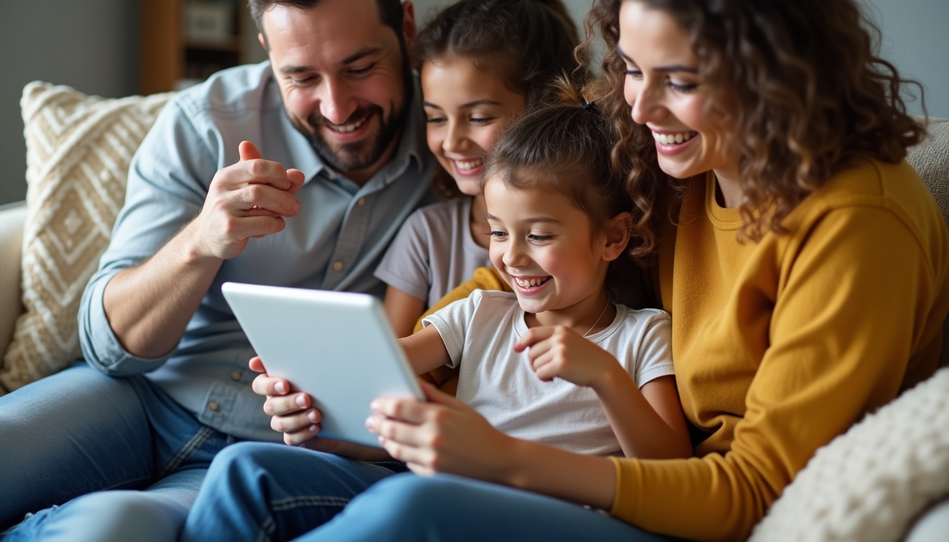 Family reviewing exercise progress on tablet