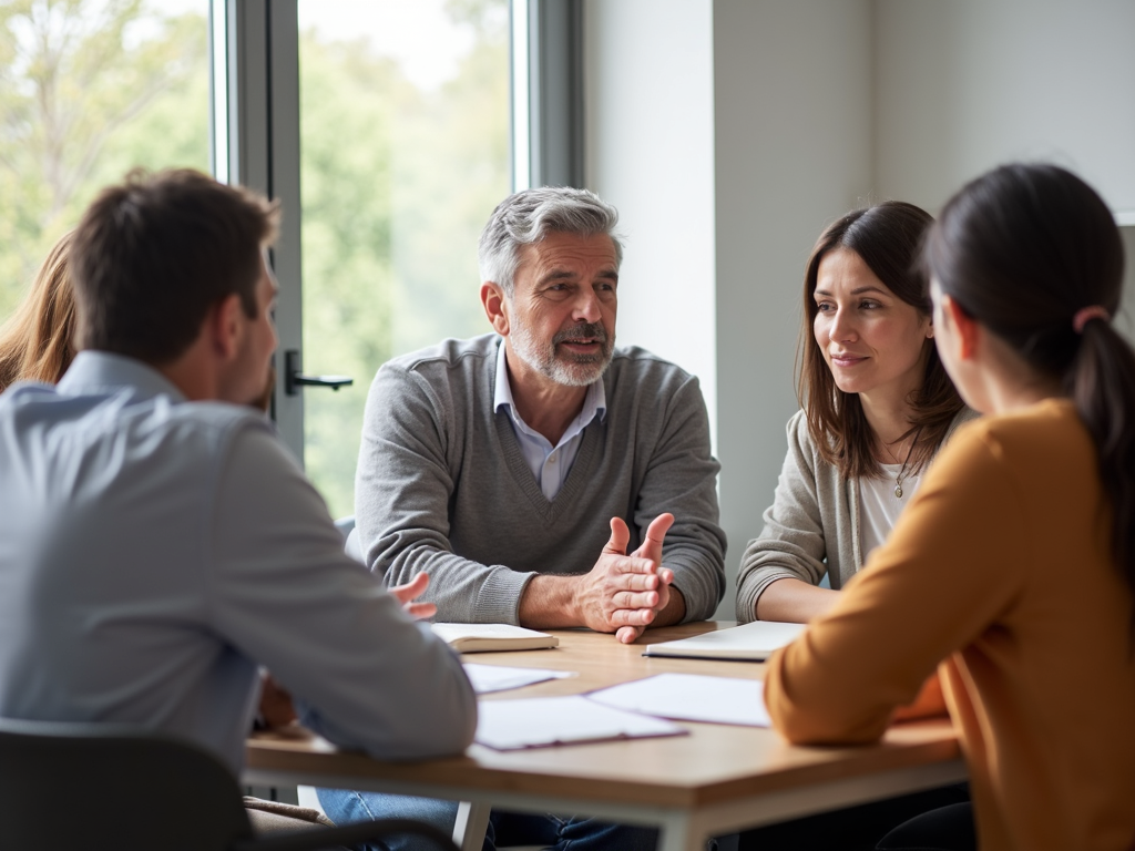 A family engages in a group therapy session, learning to communicate effectively and support each other's growth.