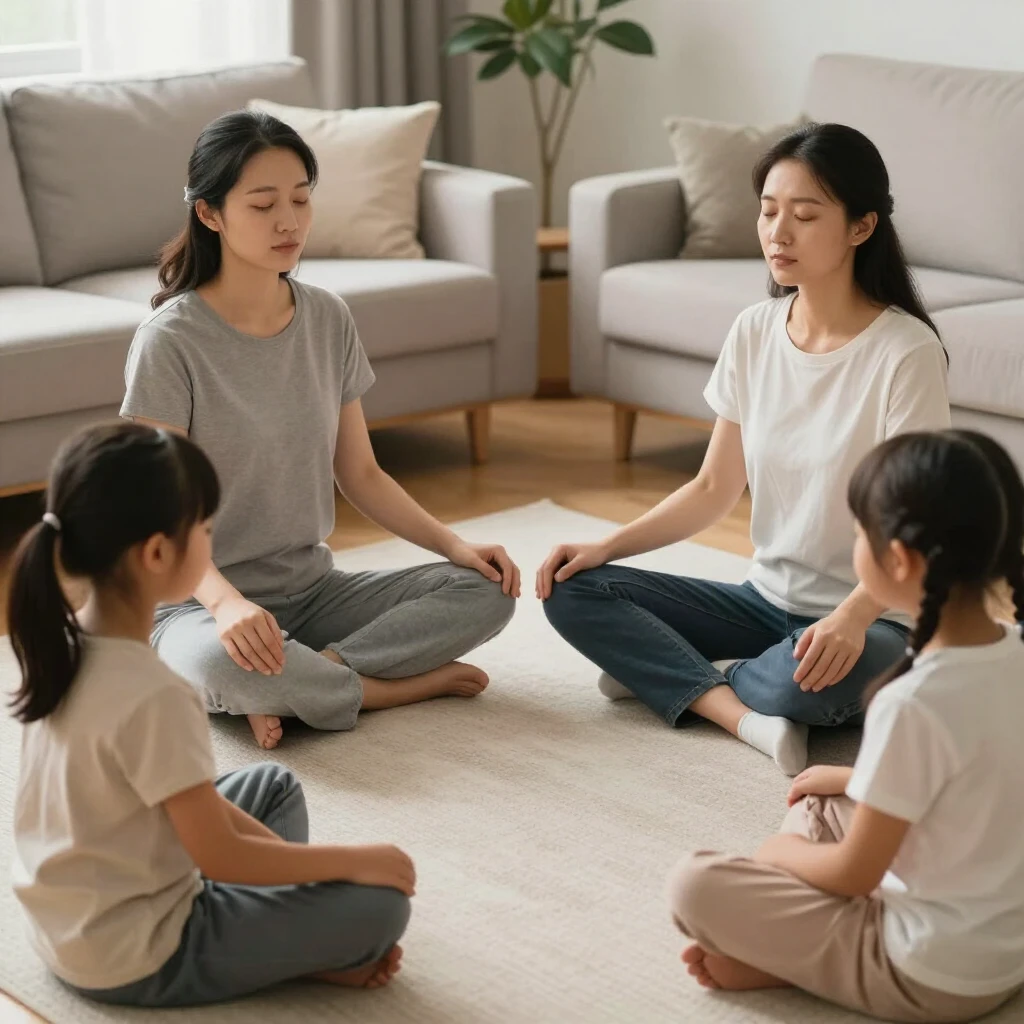 Family practicing breathing exercise together
