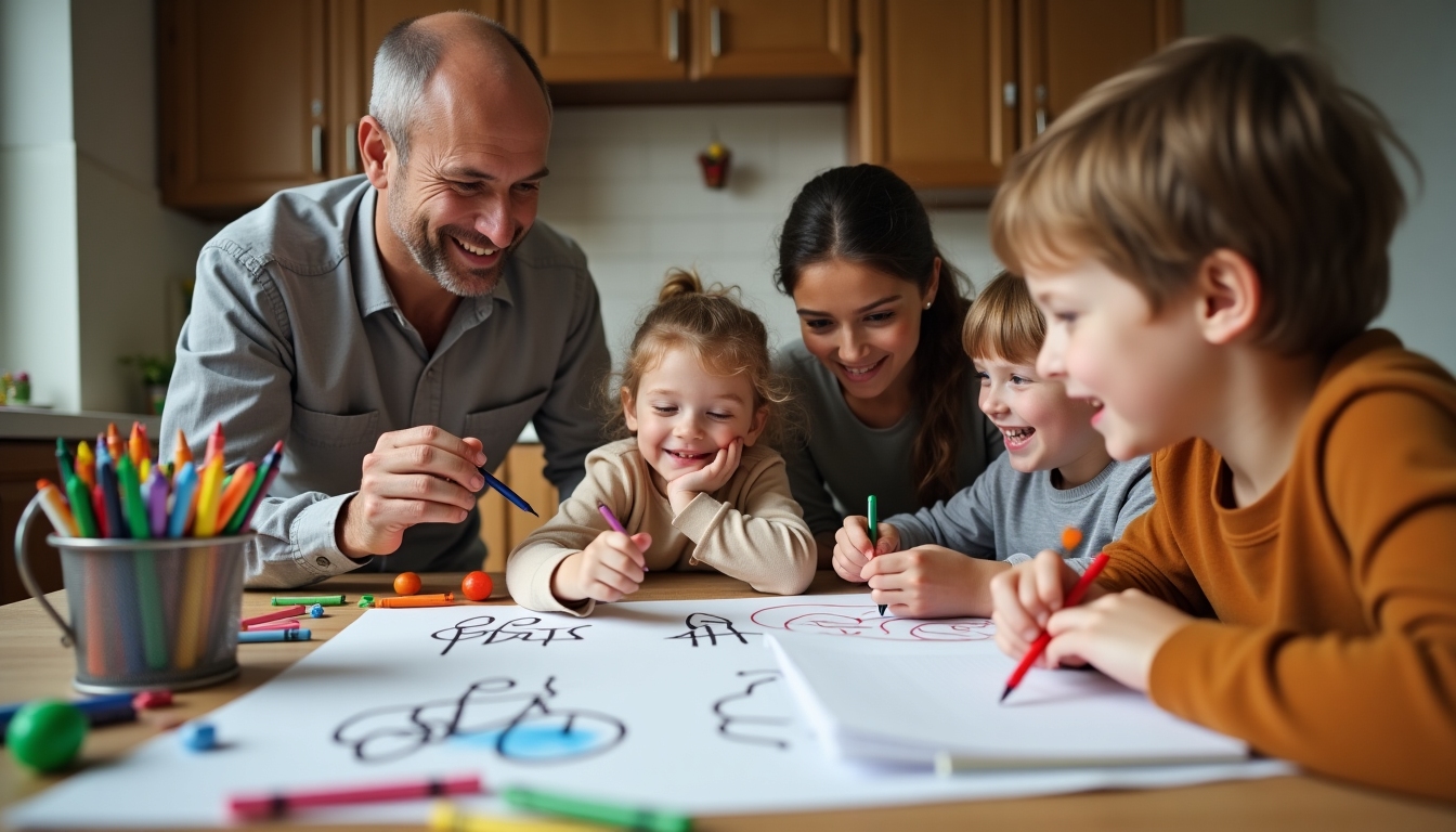 Family discussing exercise preferences at table