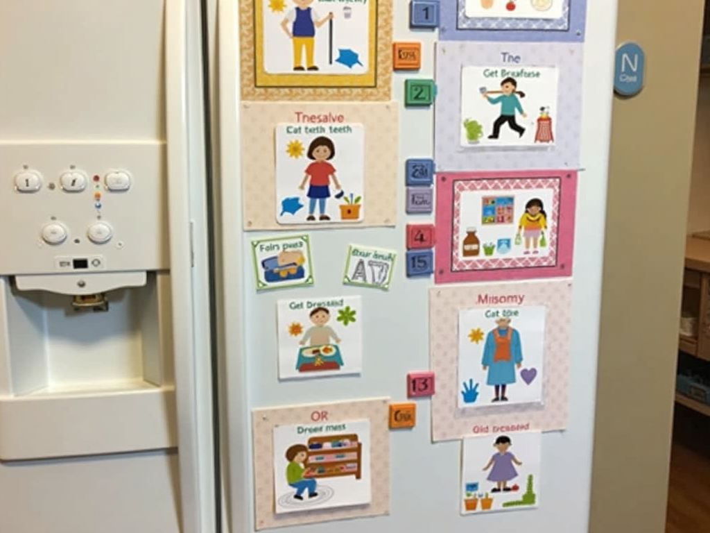 A visual schedule on a refrigerator door with pictures of daily morning activities.