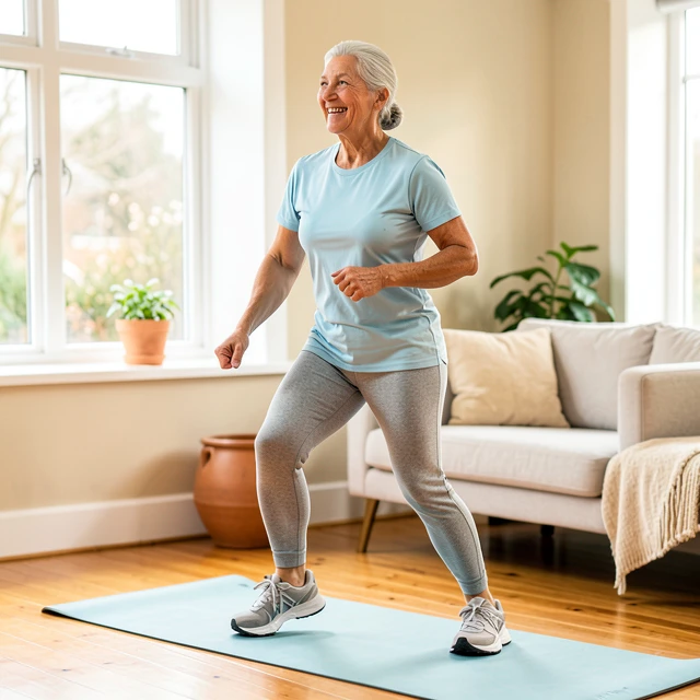 Senior woman performing low-impact cardio exercises at home with energy and confidence