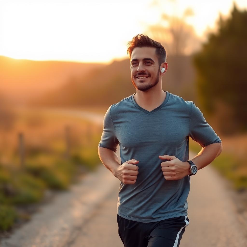Man jogging on a trail at sunrise