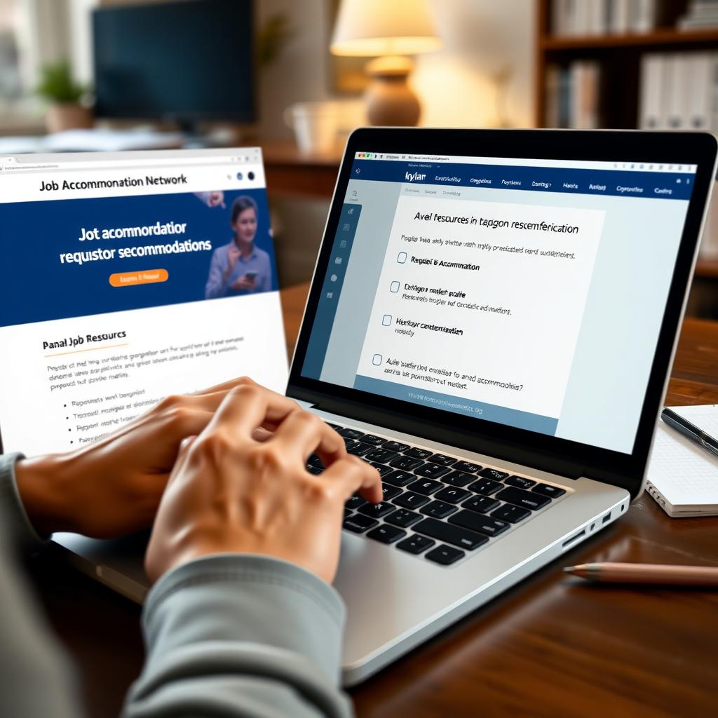 Hands typing on a laptop showing the Job Accommodation Network website in a cozy home office.
