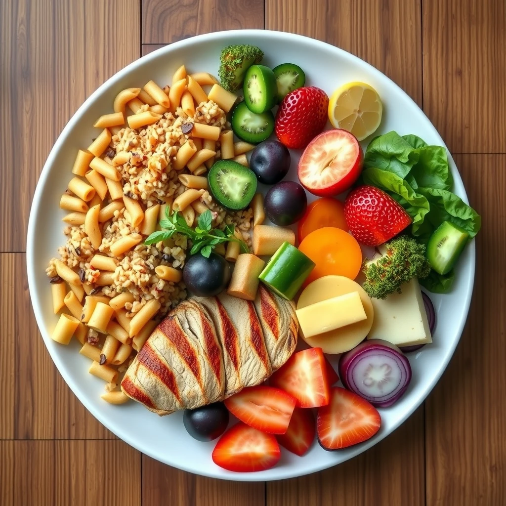 Balanced meal plate with carbohydrates, proteins, vegetables, and fruits for endurance athletes