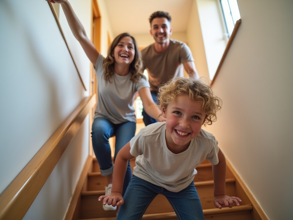 Family members climbing stairs together at home, emphasizing unity in fitness