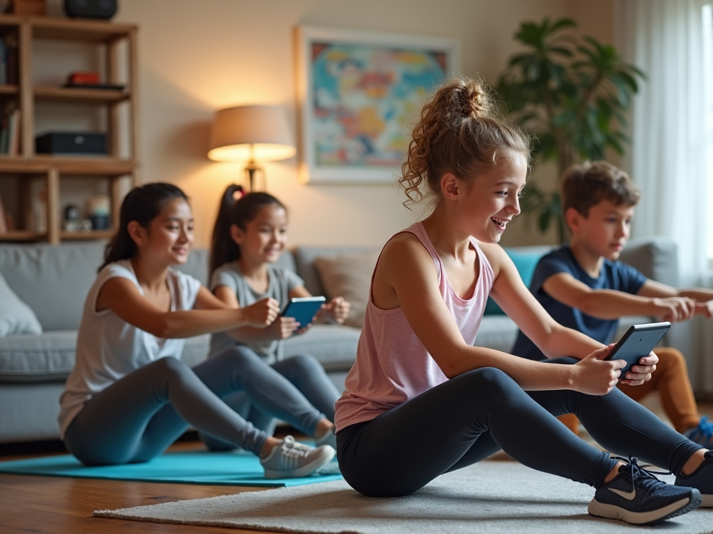 A family exercising together at home, following a workout on a tablet.
