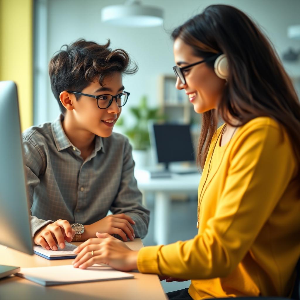 Young adult with ASD working with a mentor in a bright, inclusive office setting.