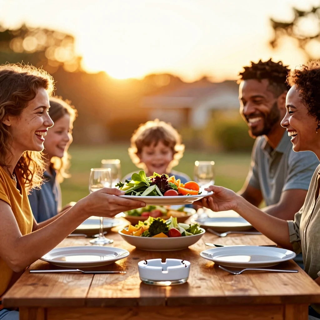 A joyful family enjoying a smoke-free dinner, celebrating healthier bonds