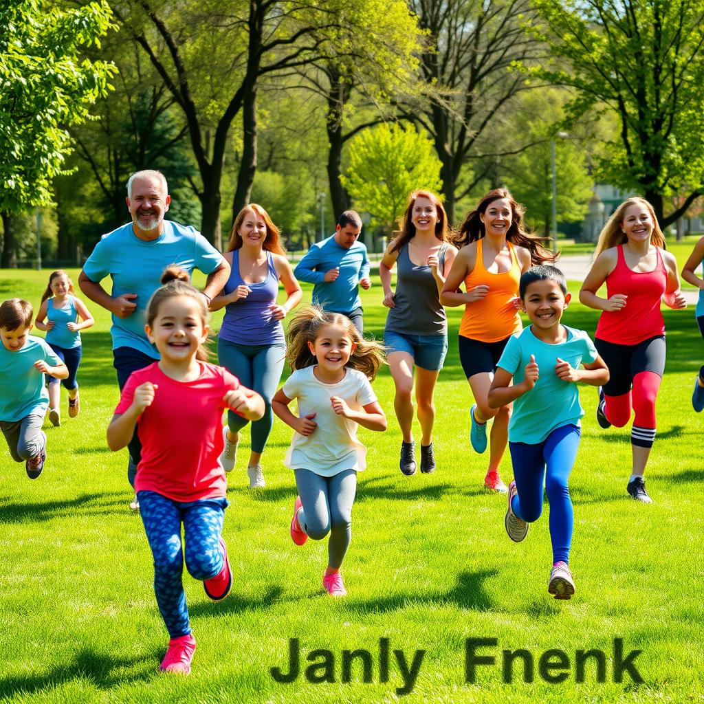 A diverse group of adults and children exercising together in a sunny park, engaging in running and bodyweight exercises.