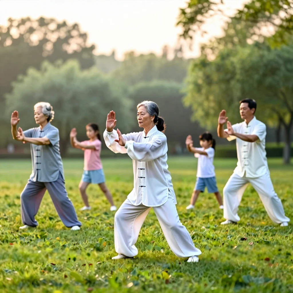 Family practicing Tai Chi together for physical and emotional well-being
