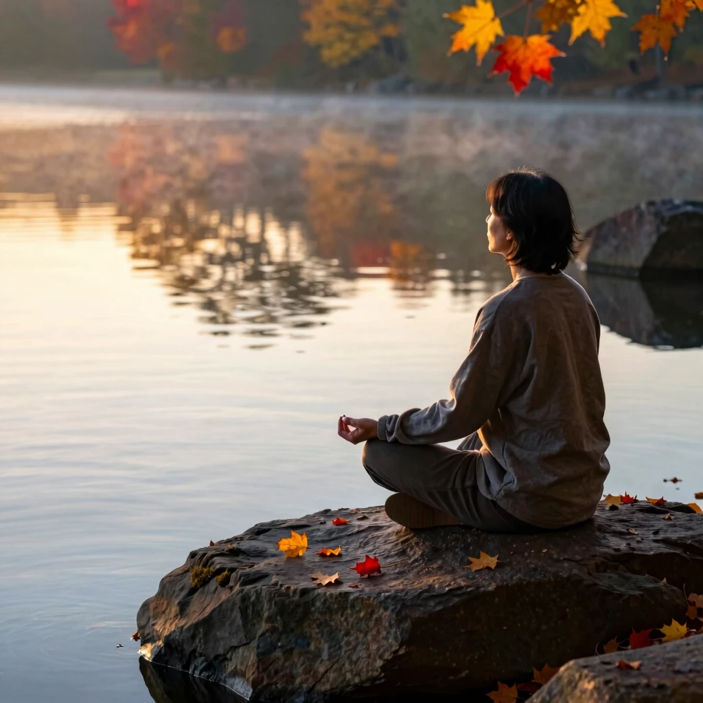 Person observing thoughts as leaves floating on a peaceful stream