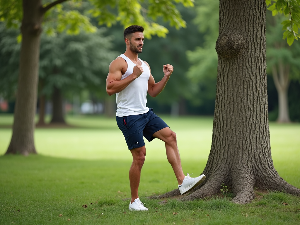 Beginner doing standing calf raises outdoors