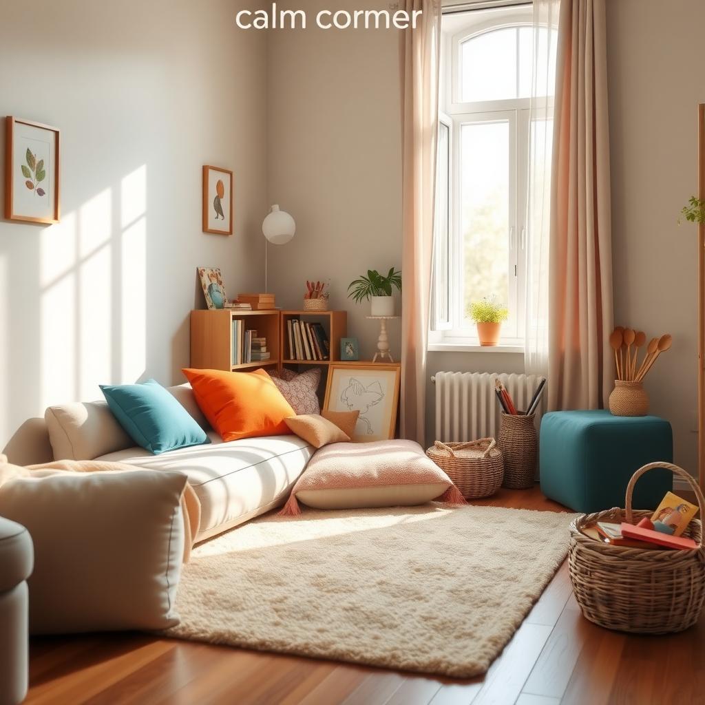 A cozy family living room with a calm corner for relaxation and mindfulness.