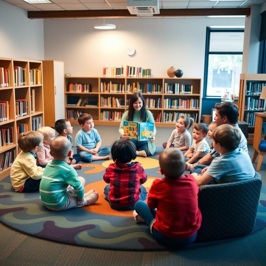 Children and parents enjoying a story time session in a warm, inviting library.