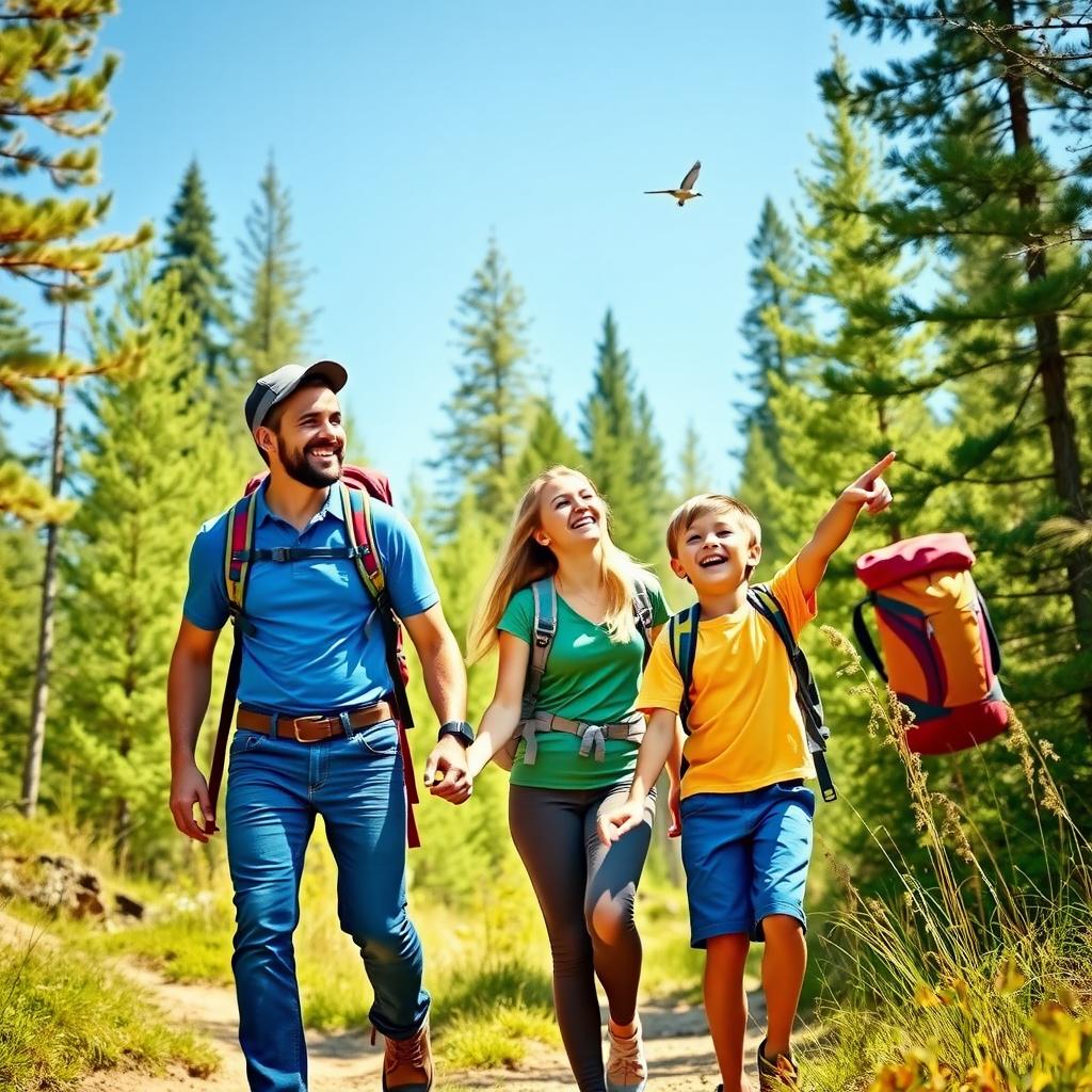A family of four hiking happily on a sunny forest trail, surrounded by green trees and a blue sky.