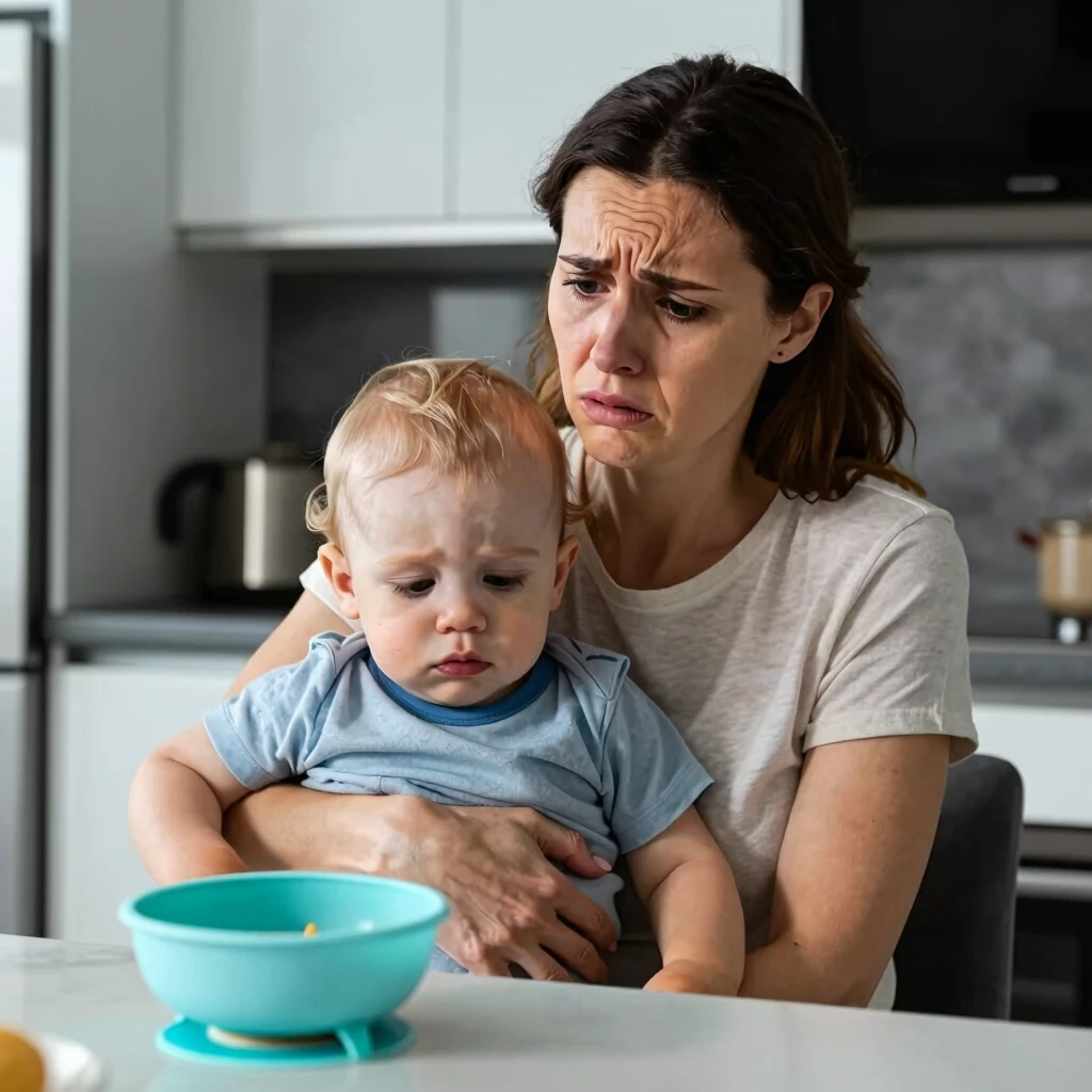 Worried mother holding pale and lethargic toddler after suspected FPIES reaction in kitchen