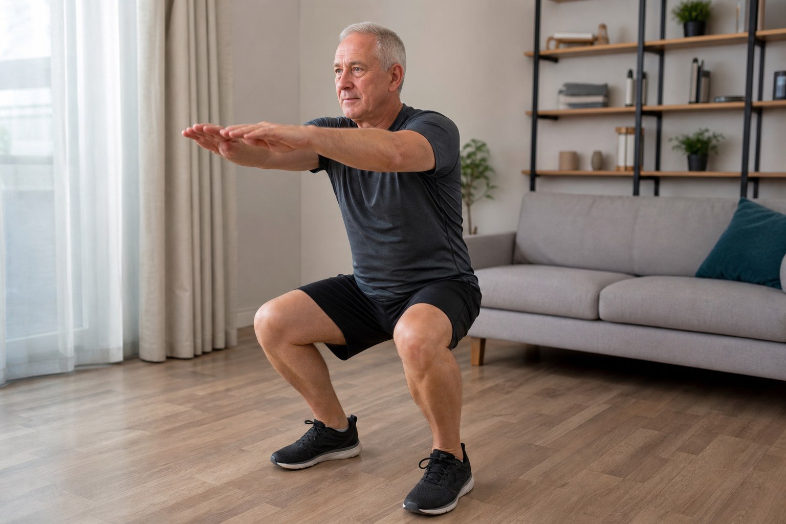 Senior man performing Strength Training Tips for Seniors with bodyweight squats
