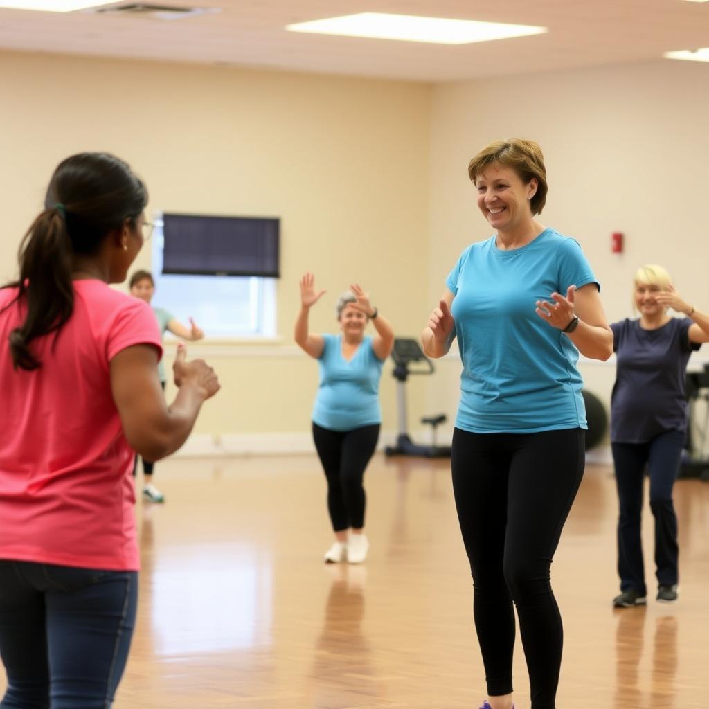 A group of beginners in a low-impact aerobics class at a community center.