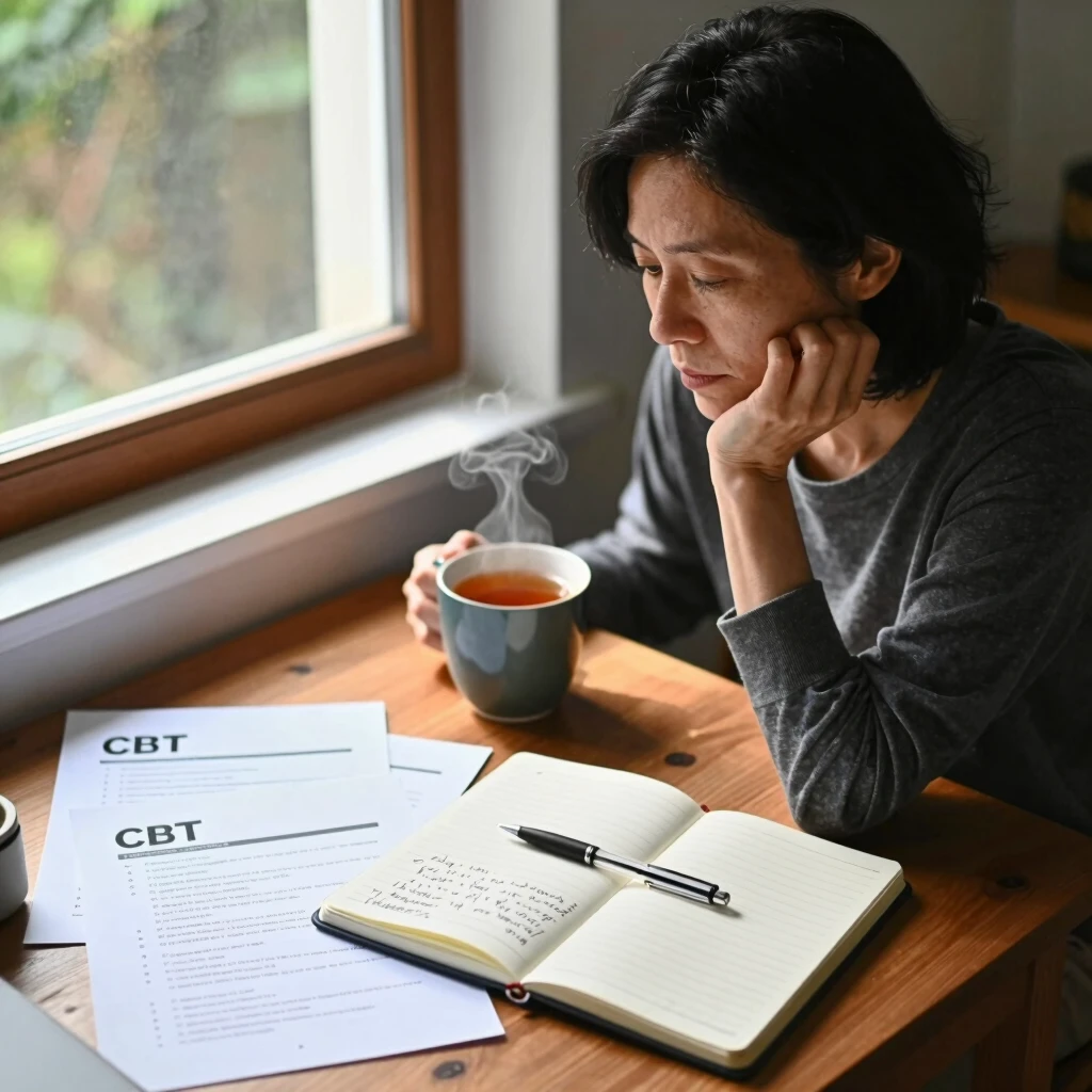 Person using CBT worksheets at home desk for self-help