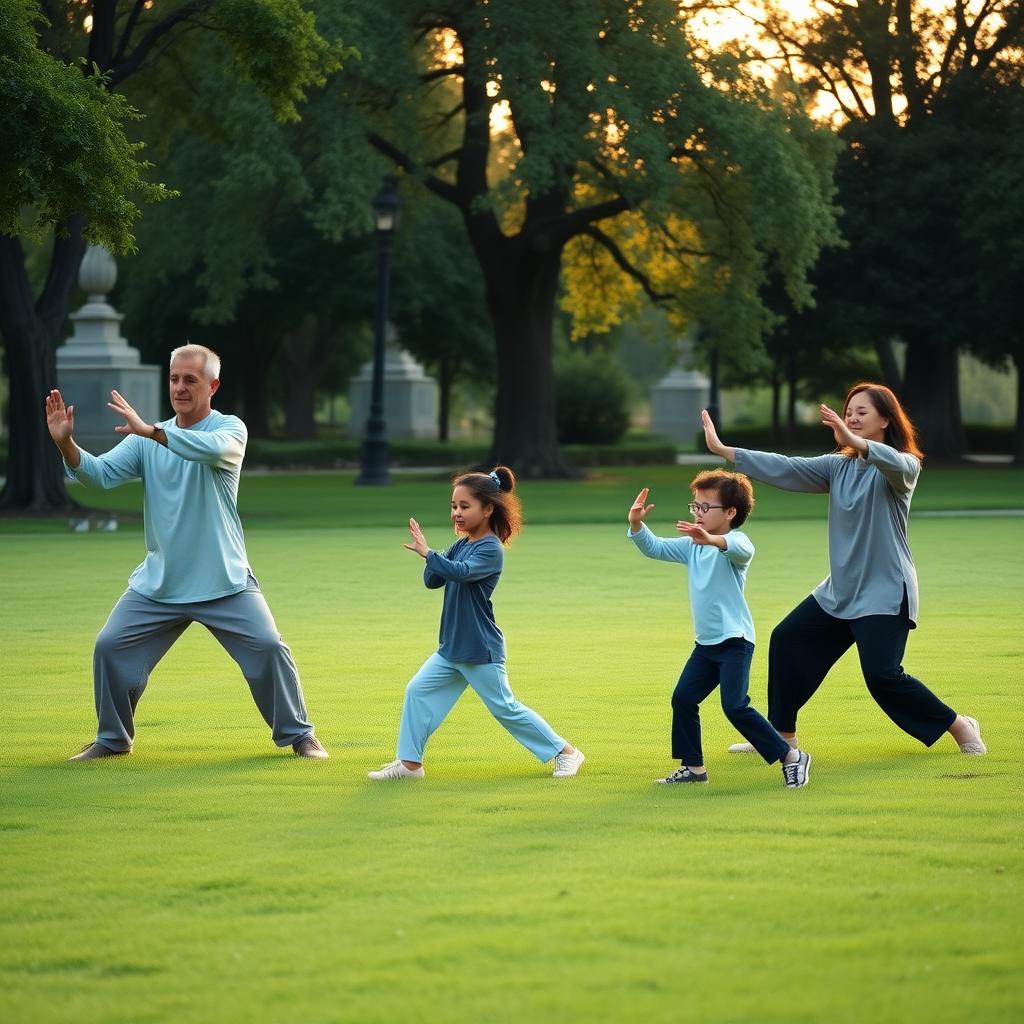 A family of four practicing Tai Chi in a park at sunrise, performing the 'Wave Hands Like Clouds' move with lush green grass and soft morning light.