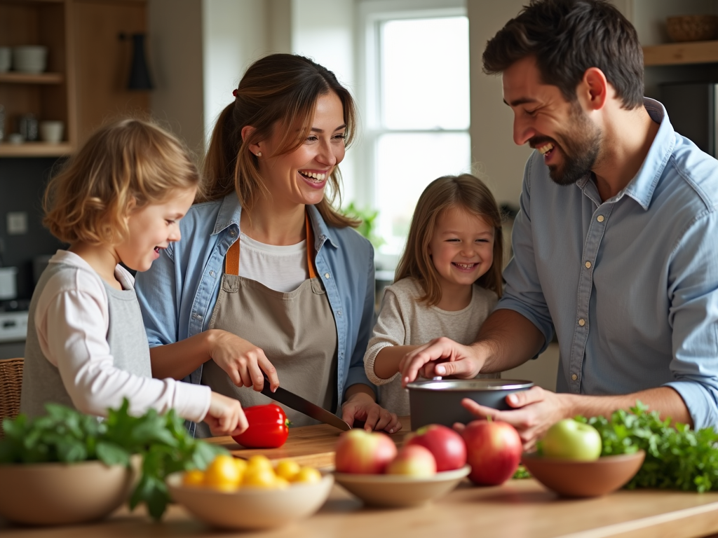 A family preparing a healthy meal together in the kitchen.