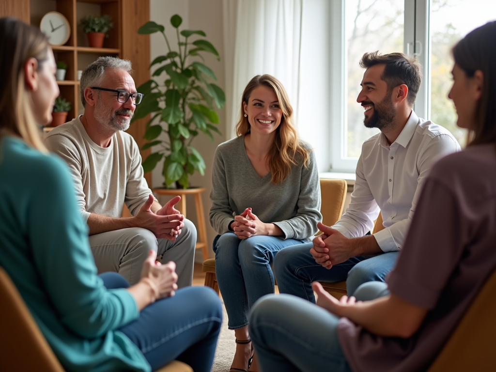 A family therapy session where participants are engaged in open dialogue.