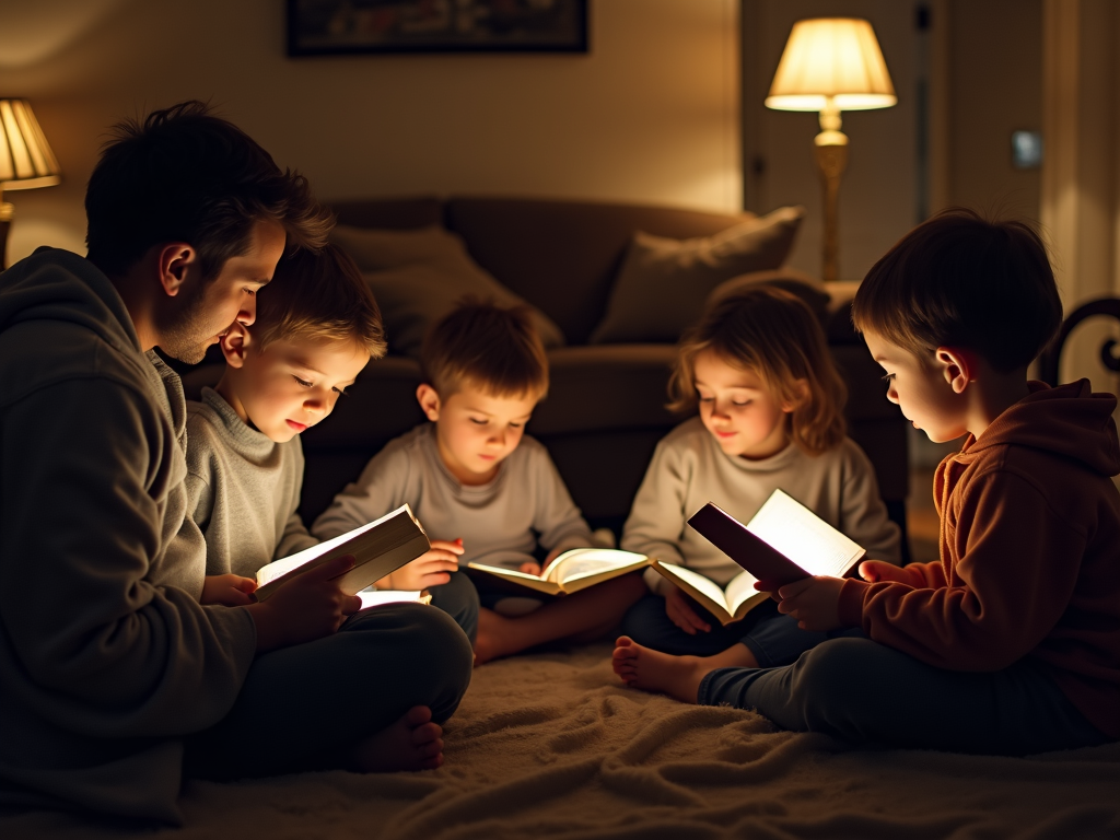 Family reading together in the evening, cozy atmosphere, books and blankets