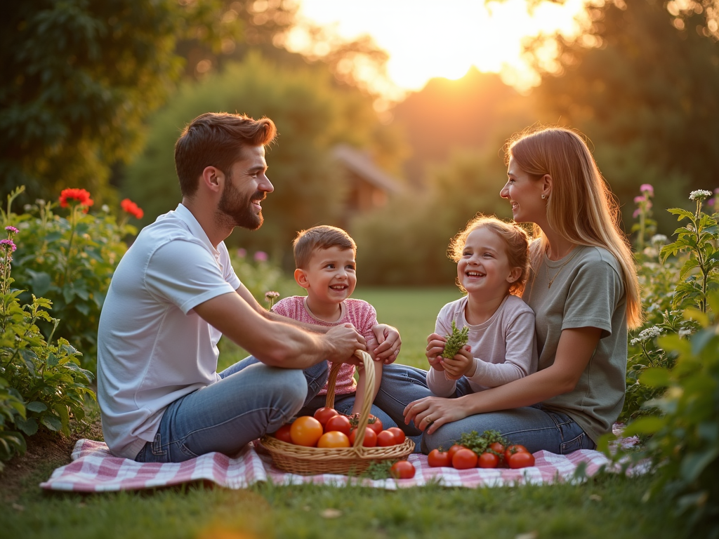 A family enjoying a picnic in their garden