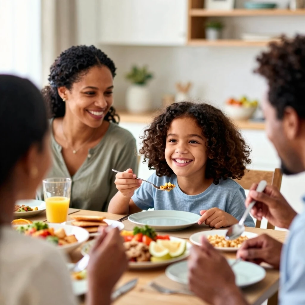 Family confidently enjoying a meal together with child who has food allergies