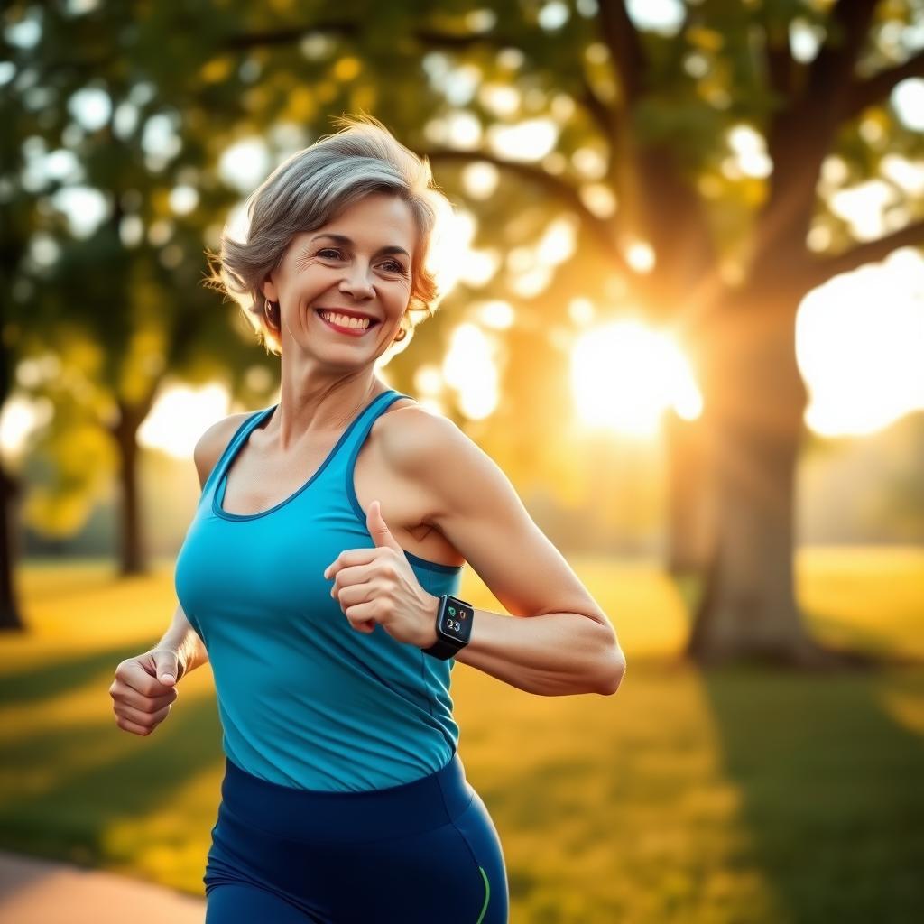 A woman jogging in a park, wearing a blue running outfit and a smartwatch, with sunlight illuminating the trees around her.