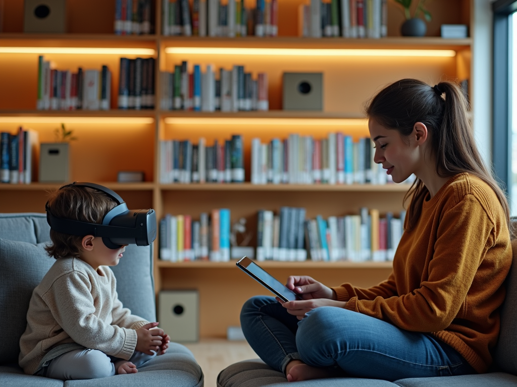 Family watching virtual library storytime on tablet