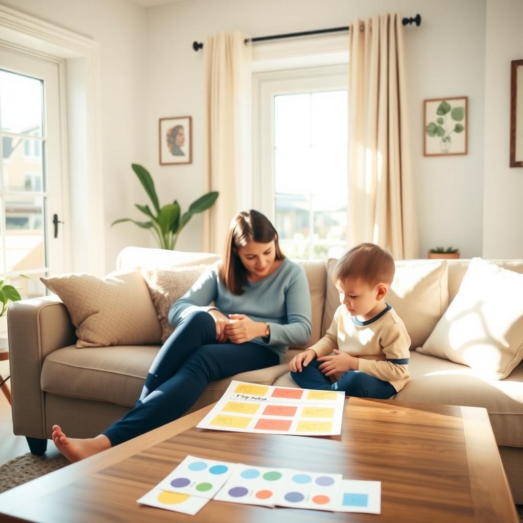 A parent and child engage in a behavioral therapy exercise at home with charts and stickers.