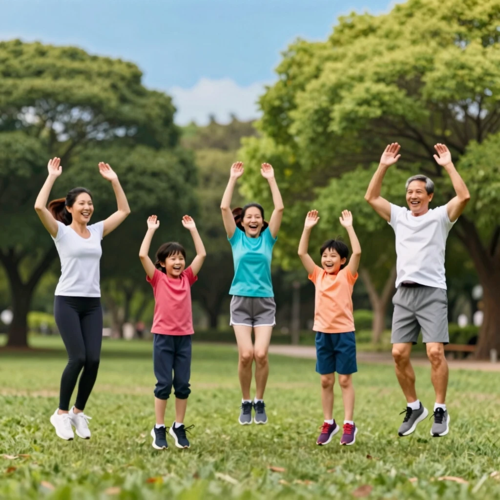 Happy family doing jumping jacks together in a park