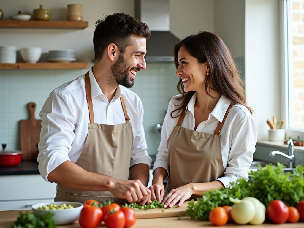 Couple cooking a healthy meal together in their kitchen.