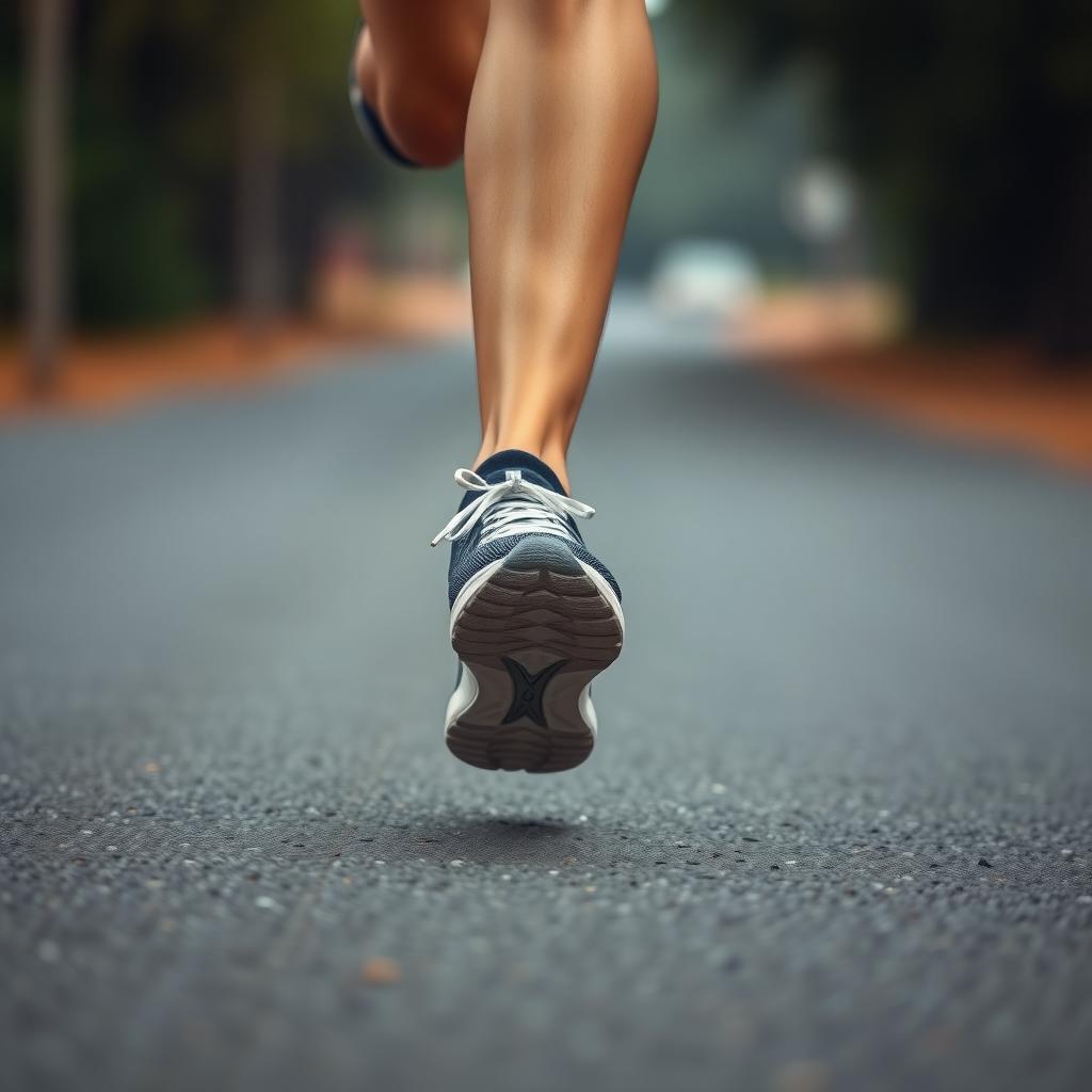 Runner’s feet in cushioned shoes hitting a paved road mid-run.