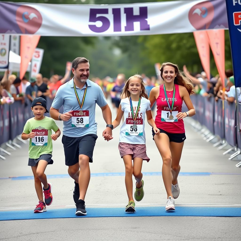 A happy family finishing a 5K race together, celebrating their achievement.