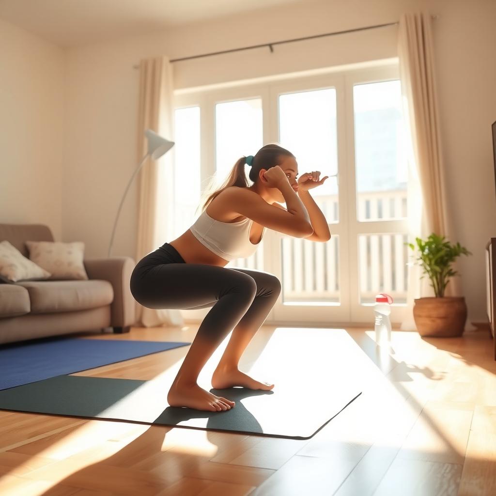 Person doing a bodyweight squat in a sunny living room with a yoga mat and water bottle nearby.