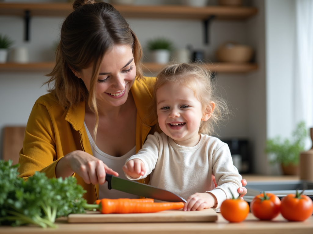 Child involved in cooking healthy meals