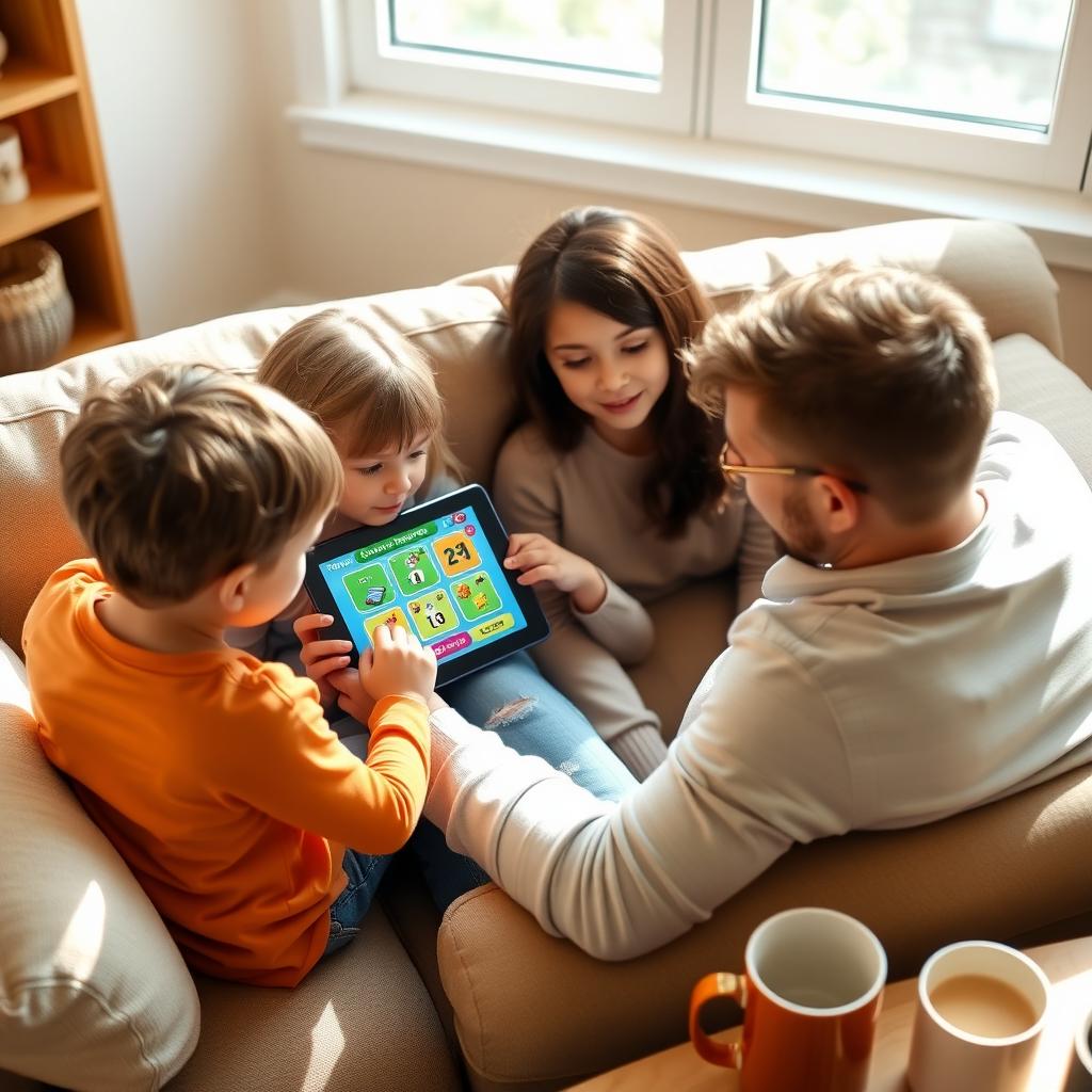 A family plays an AI-driven educational game on a tablet in a cozy living room.