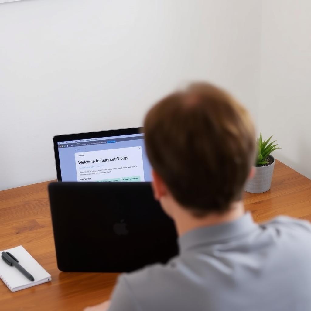 A person browsing an online support group on a laptop at a cozy desk.