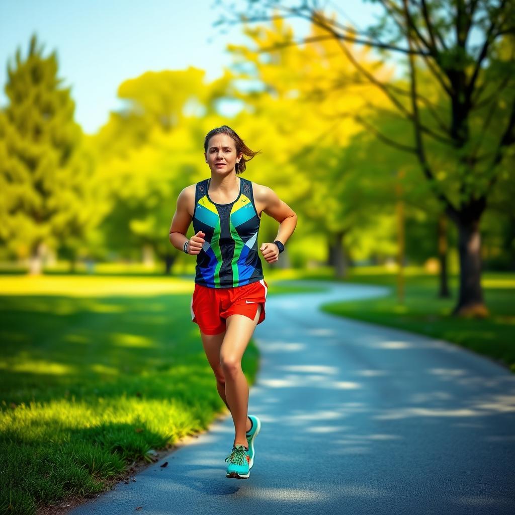 A runner jogs through a sunny park on a winding trail, surrounded by green trees and a clear blue sky.