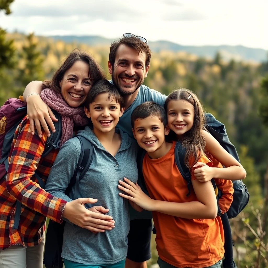 Happy family hugging after an outdoor activity, enhancing emotional well-being