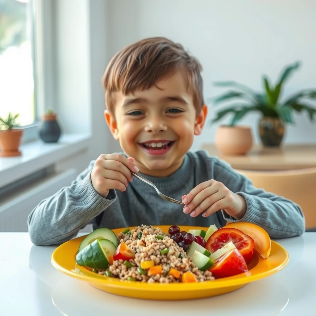 Child happily enjoying a safe, hypoallergenic meal with quinoa and vegetables