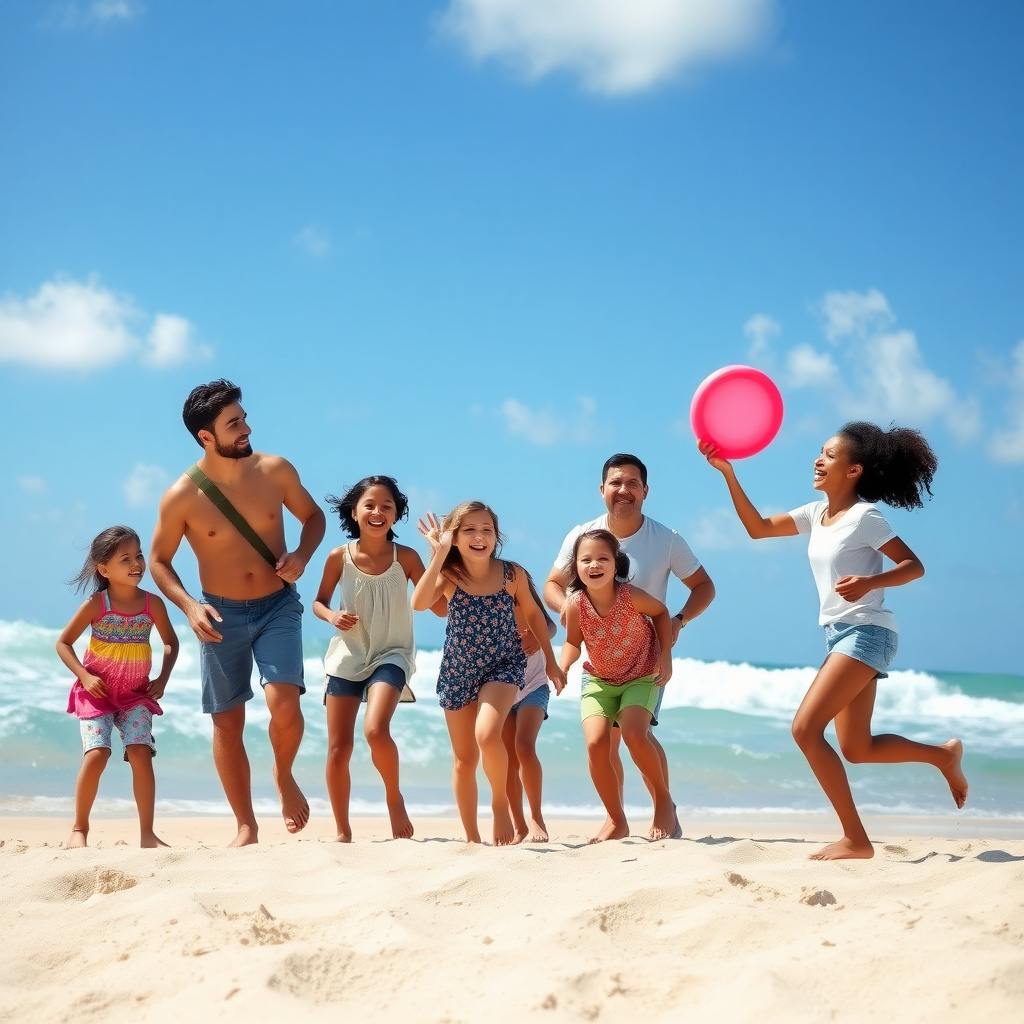 Family enjoying summer beach games