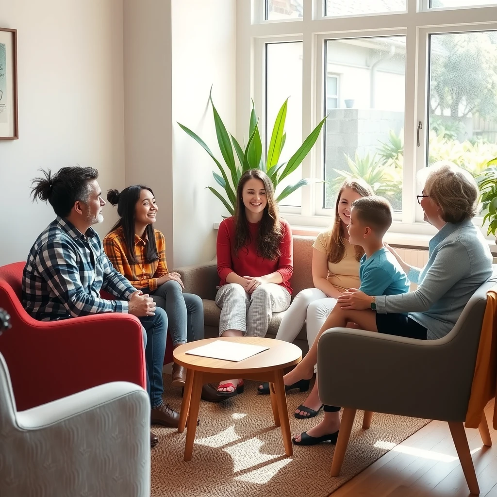 A family therapy session in progress with a therapist and family members talking together