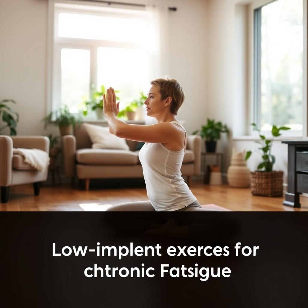 Person practicing gentle yoga in a sunlit living room for chronic fatigue management.