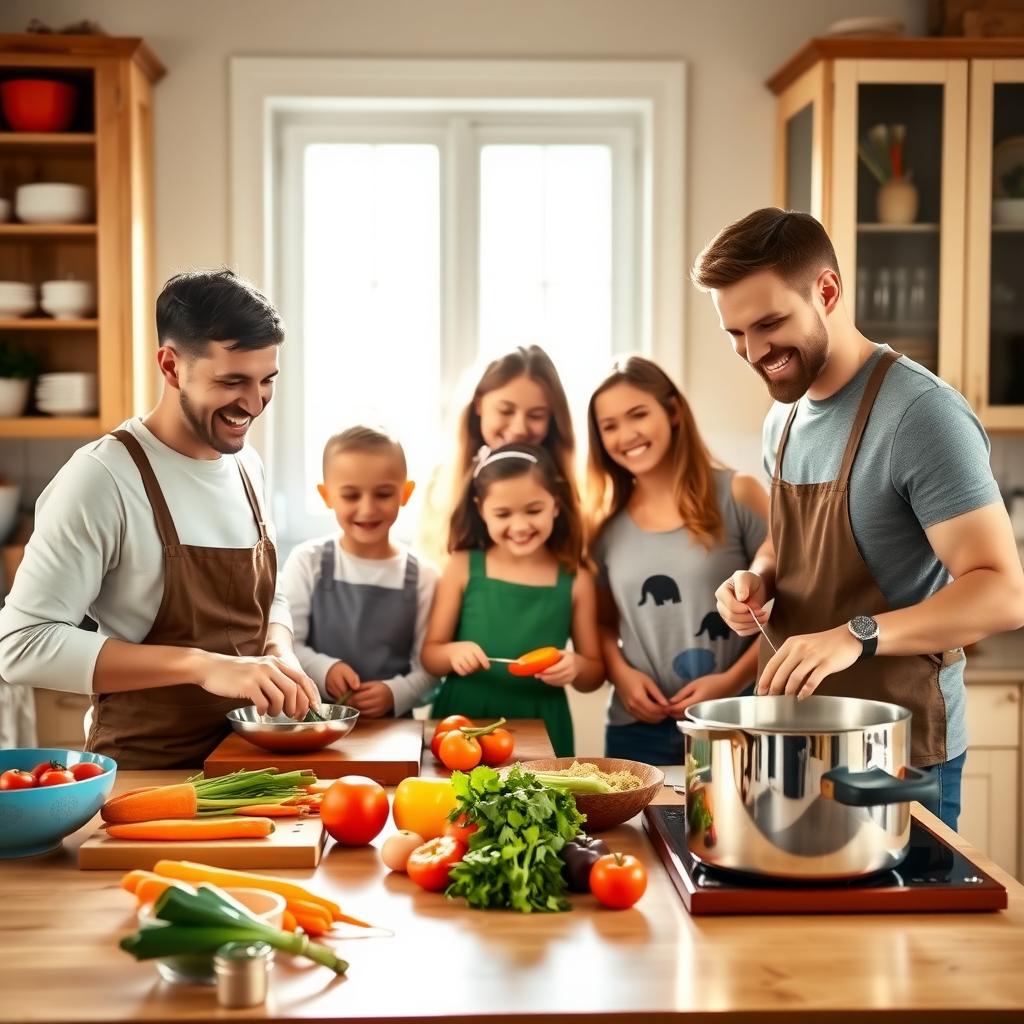 Family of four cooking a healthy meal together in a bright kitchen