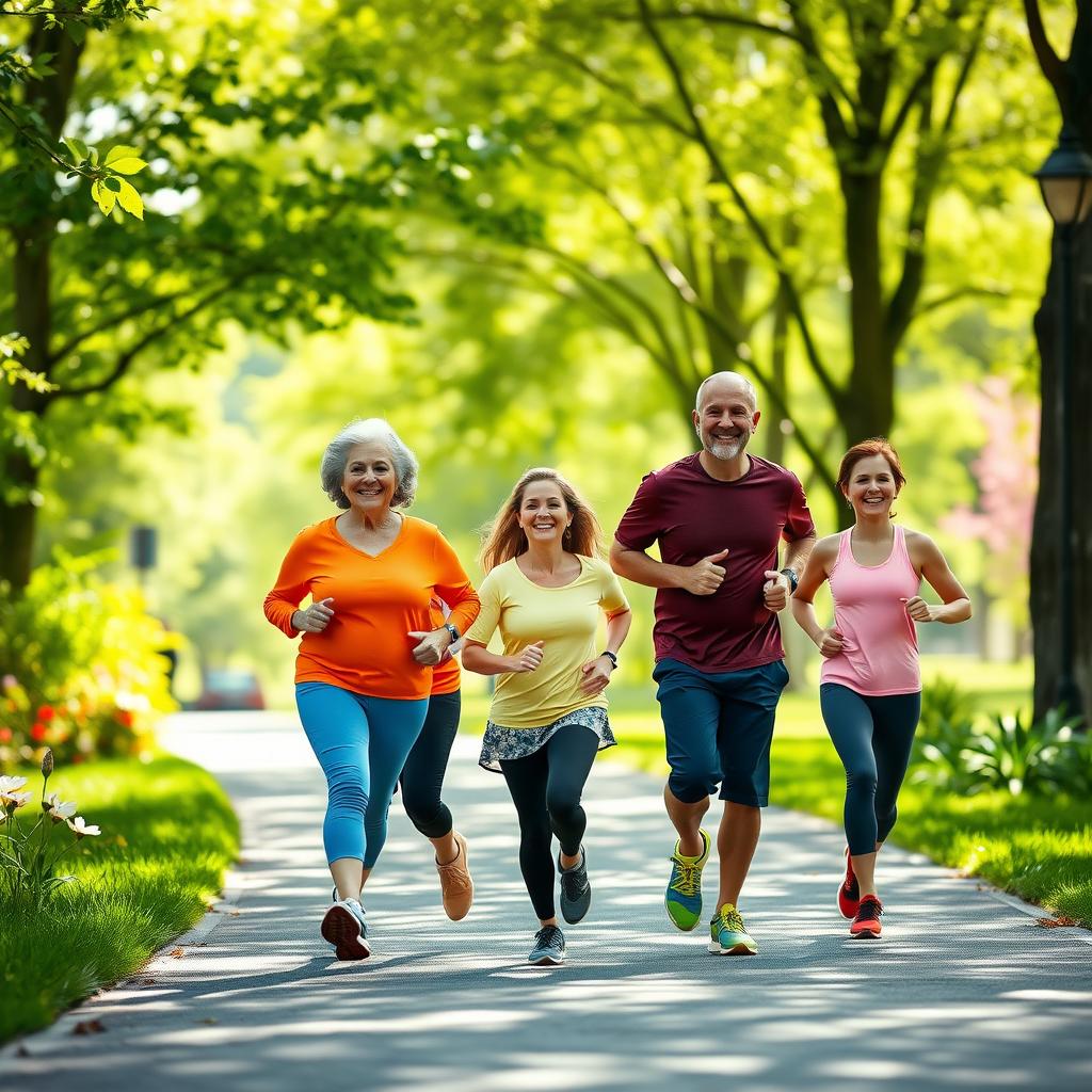 A multigenerational family jogs together on a sunny park trail, surrounded by greenery.